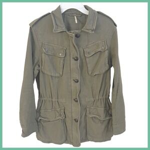 Free People Olive Green Utility Jacket Drawstring Waist Cargo Pockets Size S